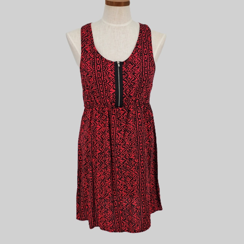 Kirra Tribal Print Racerback Dress Lace Back Zipper Front Red Black Juniors XL